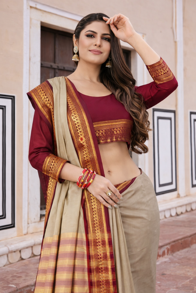 Tussar Beige & Maroon Cotton Silk Kalyani Saree
