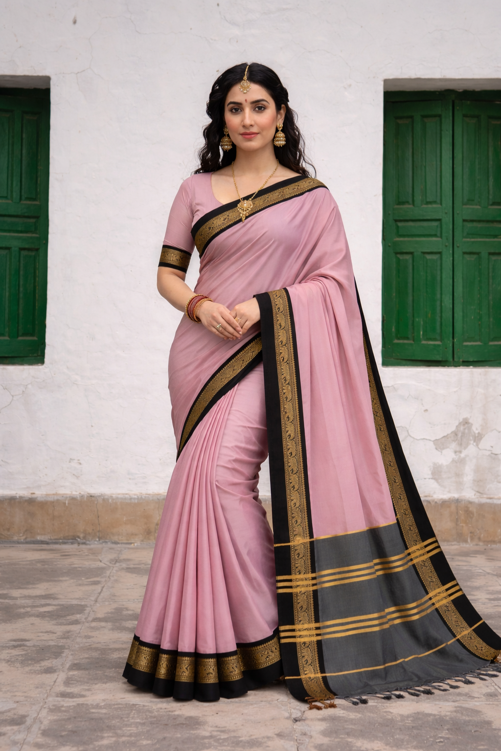 Blush Pink & Black Royal Elephant Saree
