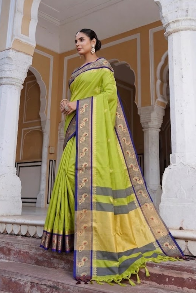 Elegant Lemon Green & Navy Blue Paithani Cotton Silk Mayurika Peacock Saree