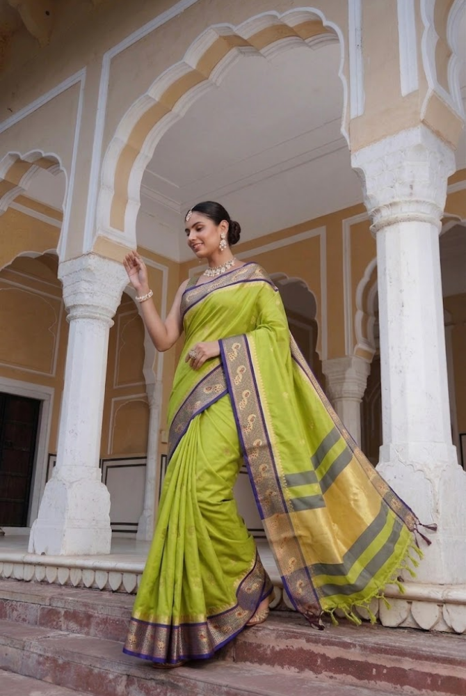 Elegant Lemon Green & Navy Blue Paithani Cotton Silk Mayurika Peacock Saree