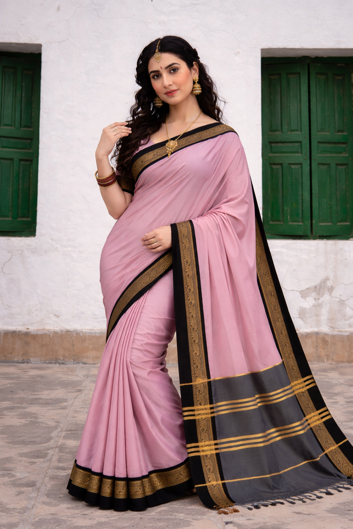 Blush Pink & Black Royal Elephant Saree