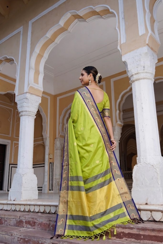 Elegant Lemon Green & Navy Blue Paithani Cotton Silk Mayurika Peacock Saree