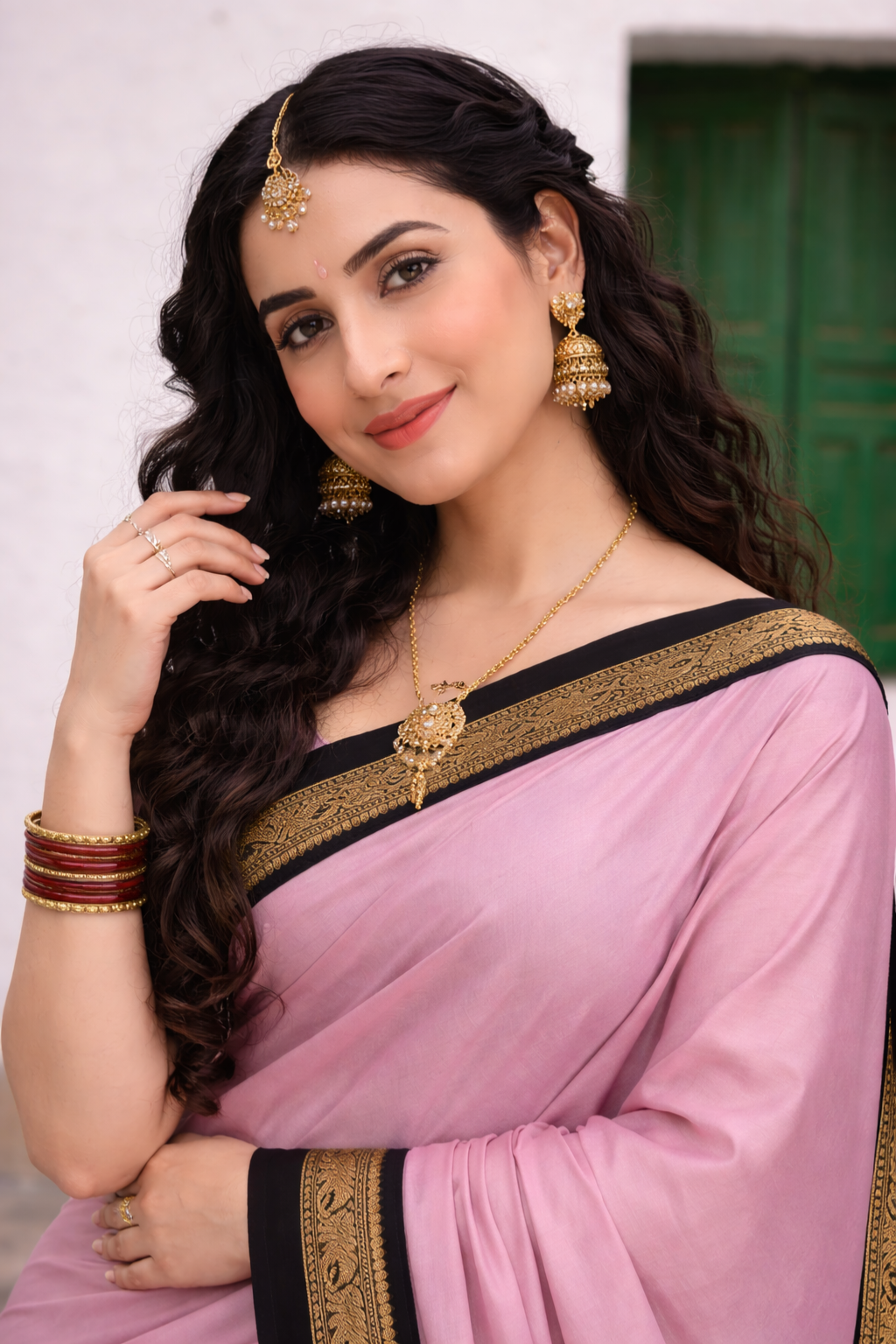 Blush Pink & Black Royal Elephant Saree