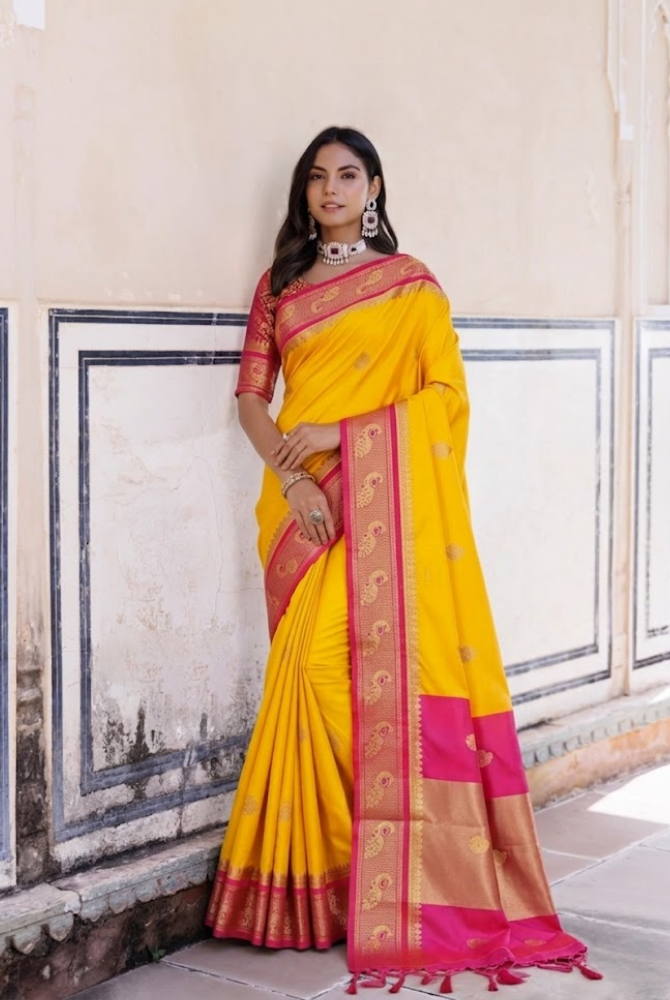 Vibrant Mango Yellow & Rani Pink Paithani Cotton Silk Mayurika Peacock Saree