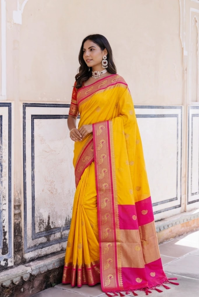 Vibrant Mango Yellow & Rani Pink Paithani Cotton Silk Mayurika Peacock Saree