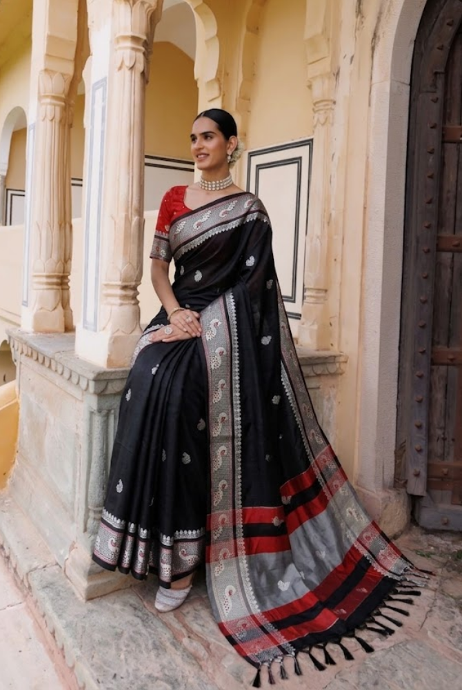 Royal Black Paithani Cotton Silk Mayurika Peacock Saree