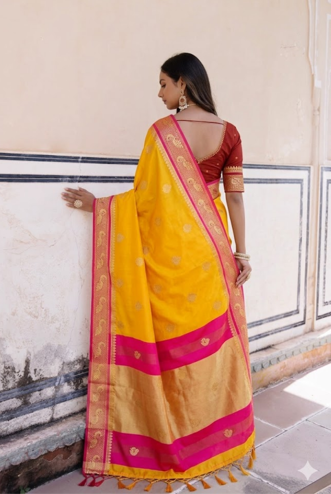 Vibrant Mango Yellow & Rani Pink Paithani Cotton Silk Mayurika Peacock Saree