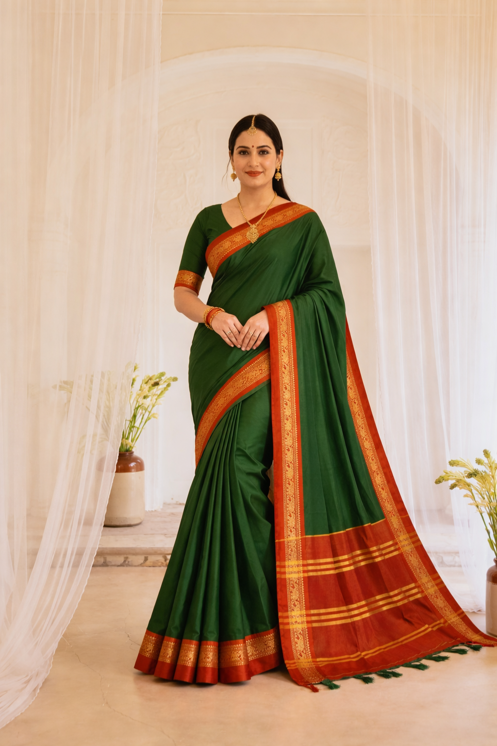 Bottle Green & Red Royal Elephant Saree