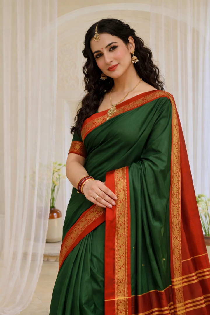 Bottle Green & Red Royal Elephant Saree