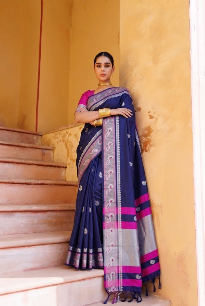 Elegant Navy Blue Paithani Cotton Silk Mayurika Peacock Saree