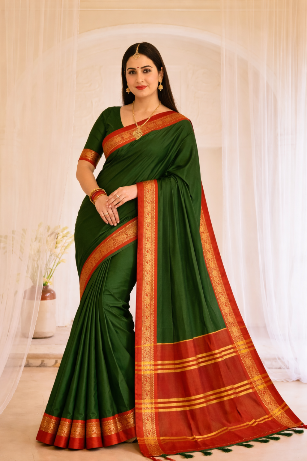 Bottle Green & Red Royal Elephant Saree