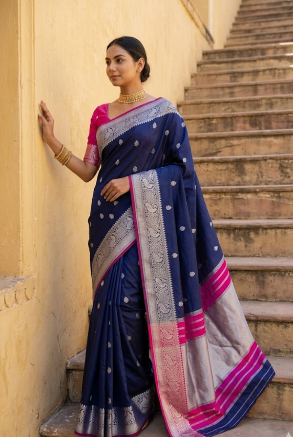 Elegant Navy Blue Paithani Cotton Silk Mayurika Peacock Saree