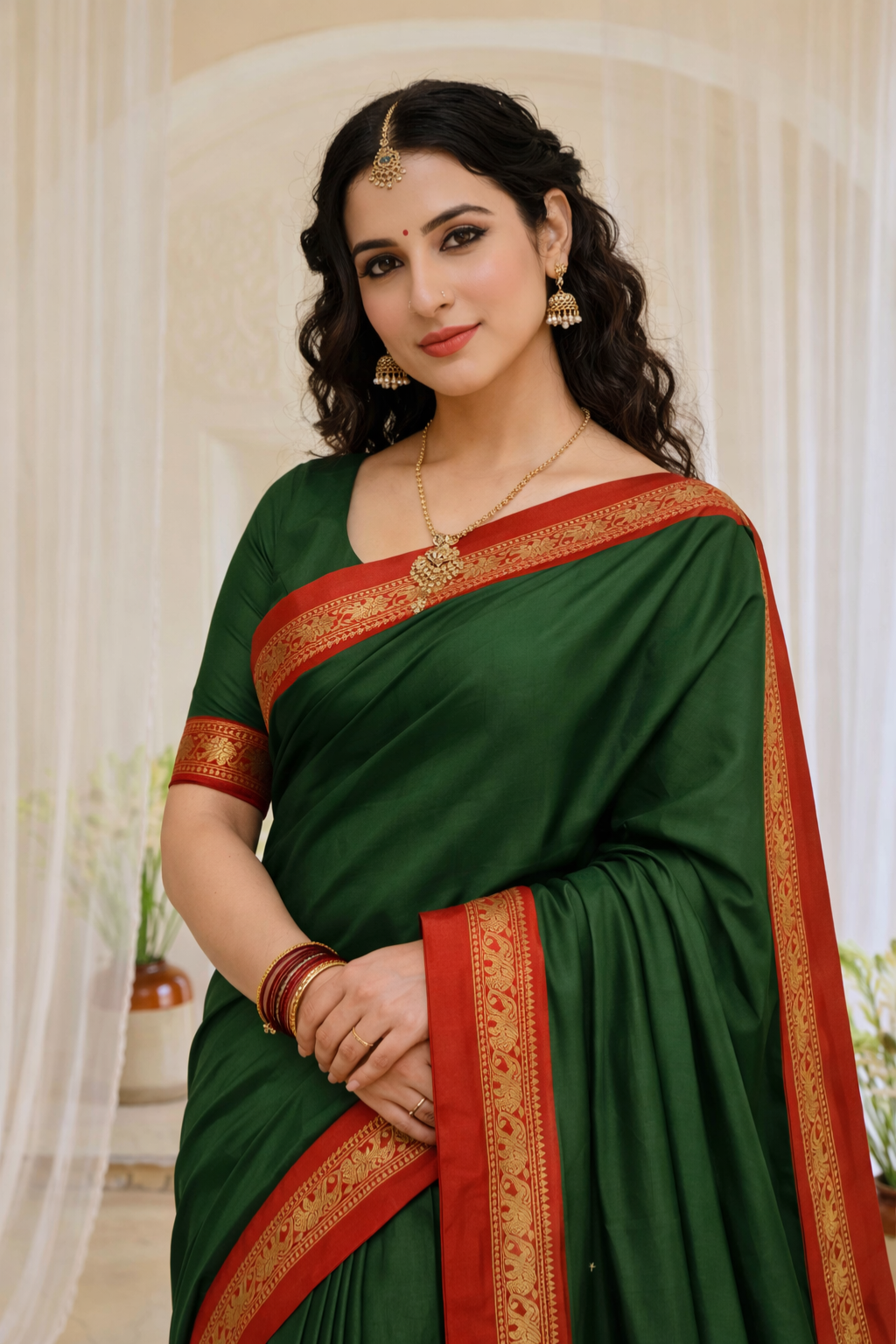Bottle Green & Red Royal Elephant Saree