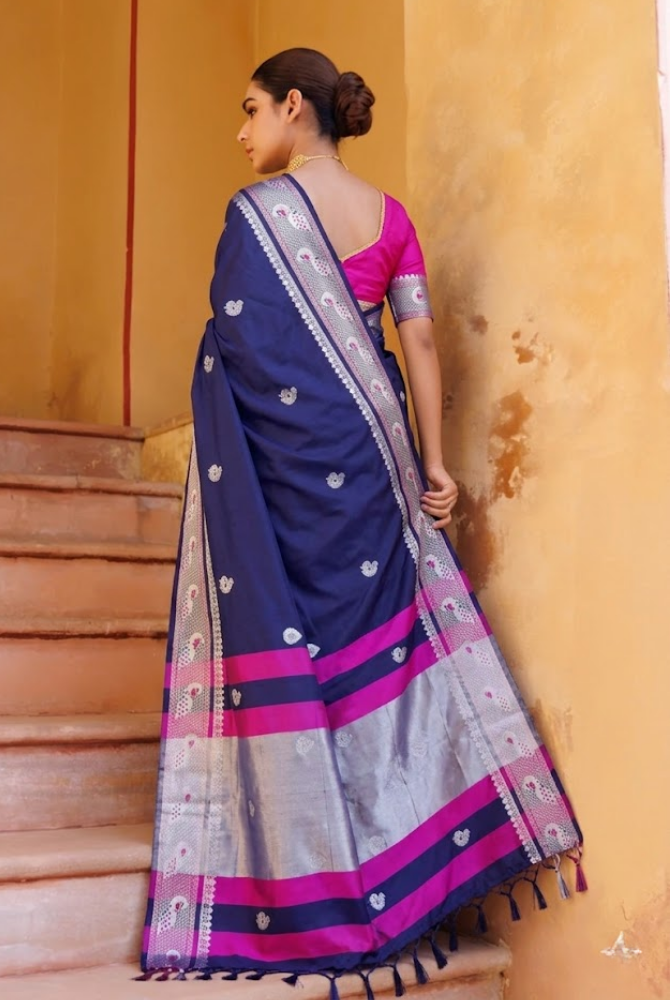 Elegant Navy Blue Paithani Cotton Silk Mayurika Peacock Saree