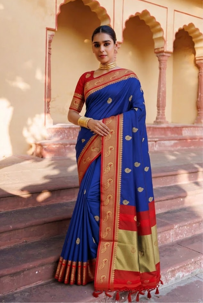 Royal Navy Blue & Red Paithani Cotton Silk Mayurika Peacock Saree