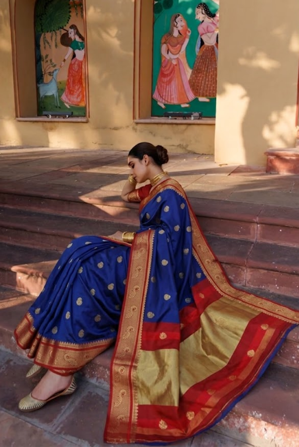 Royal Navy Blue & Red Paithani Cotton Silk Mayurika Peacock Saree