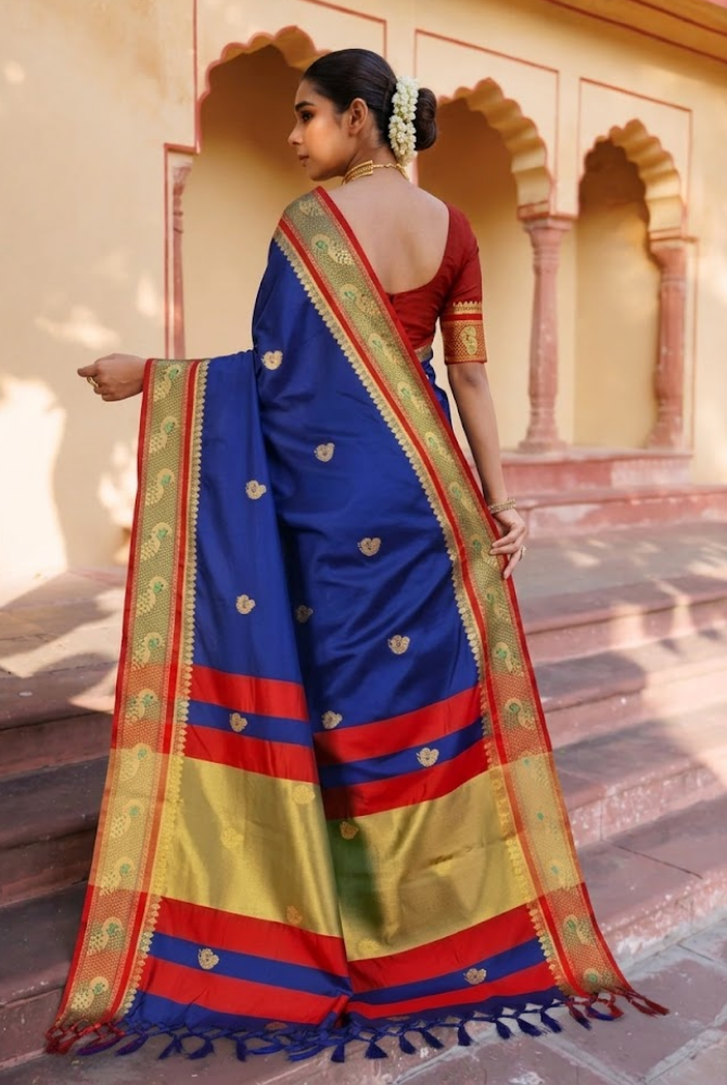Royal Navy Blue & Red Paithani Cotton Silk Mayurika Peacock Saree