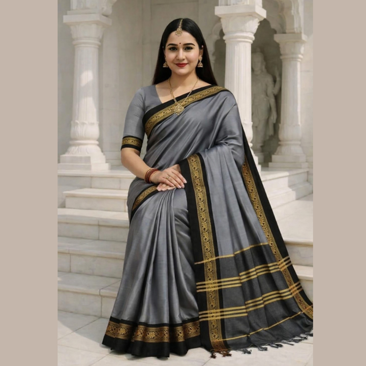 Devika - Grey & Black Cotton Silk Royal Elephant Saree