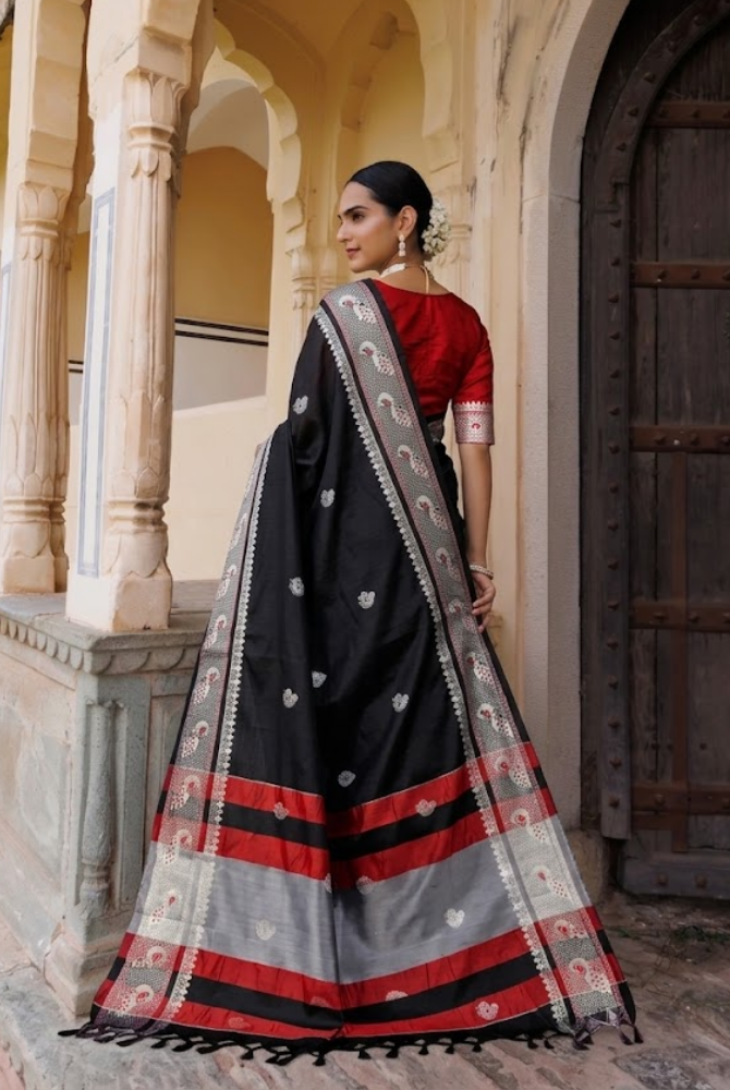 Royal Black Paithani Cotton Silk Mayurika Peacock Saree