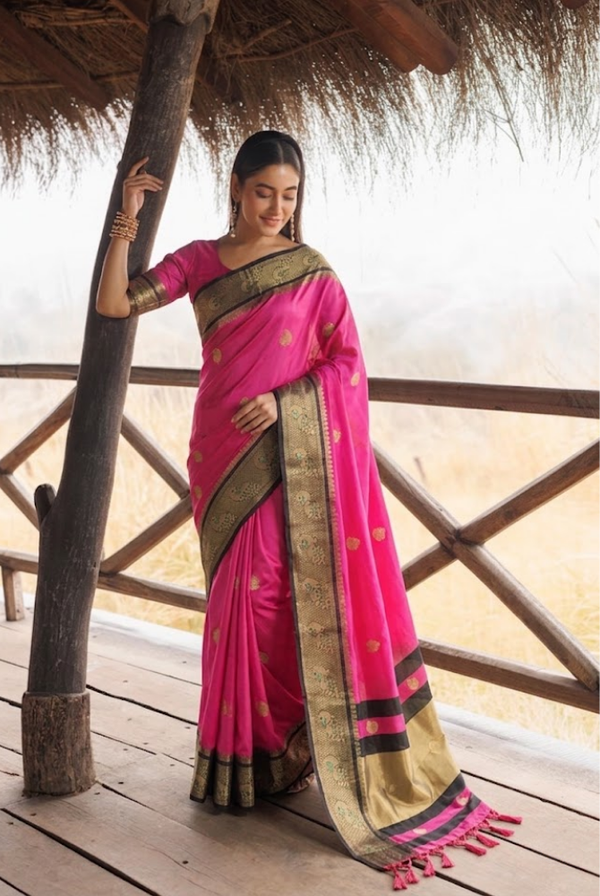 Vibrant Pink & Black Cotton Silk Mayurika Peacock Saree