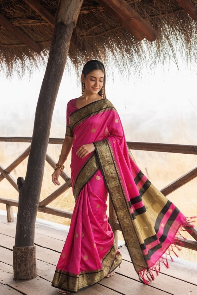 Vibrant Pink & Black Cotton Silk Mayurika Peacock Saree