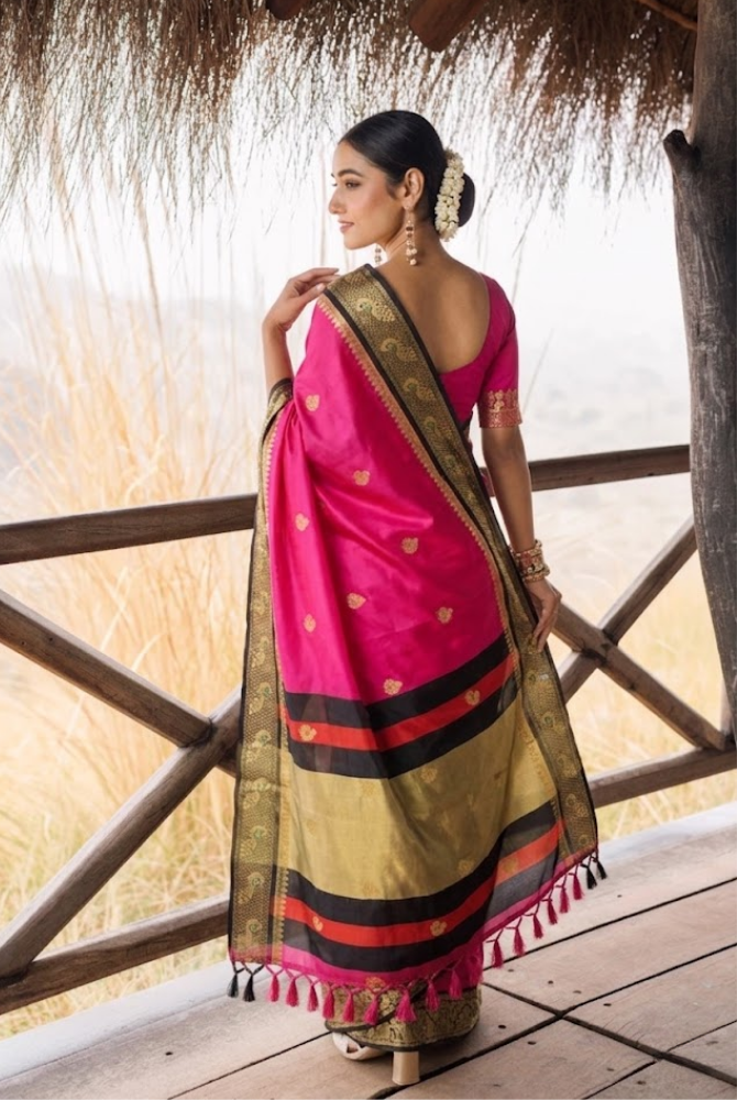 Vibrant Pink & Black Cotton Silk Mayurika Peacock Saree