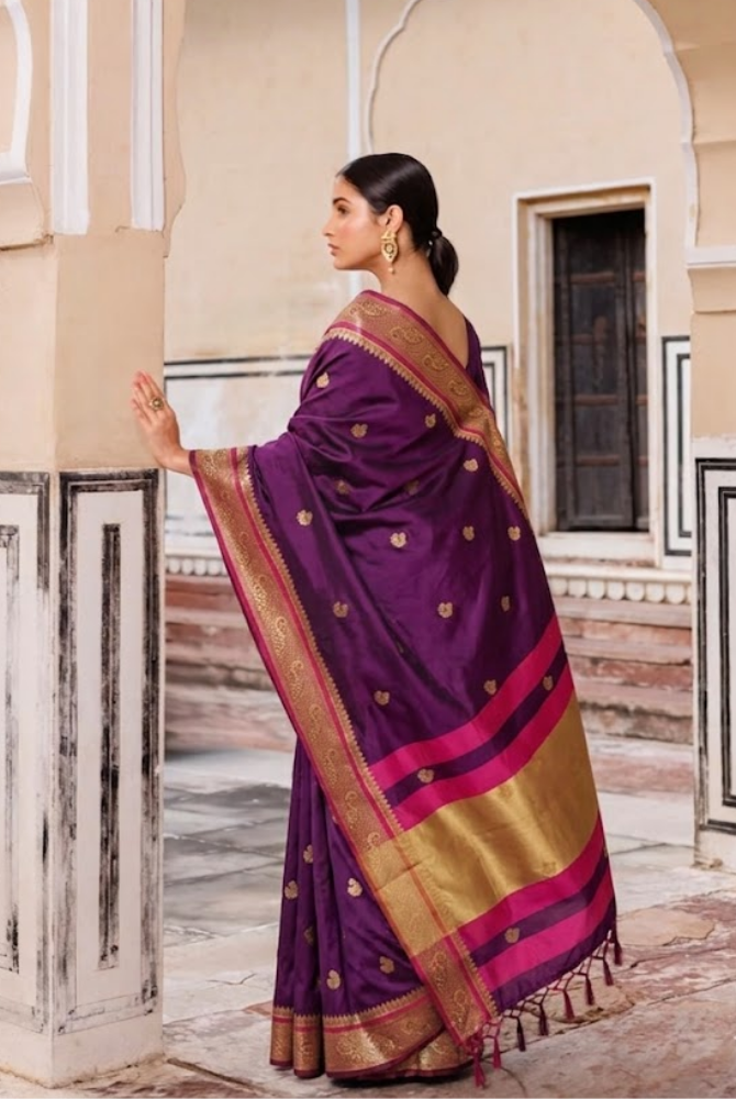 Royal Purple & Pink Cotton Silk Mayurika Peacock Saree