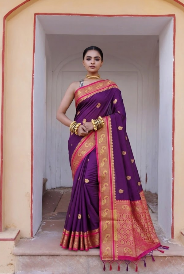 Royal Purple & Pink Cotton Silk Mayurika Peacock Saree