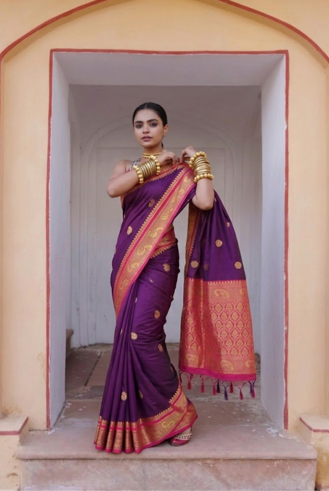 Royal Purple & Pink Cotton Silk Mayurika Peacock Saree