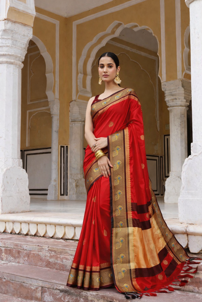 Royal Red & Black Cotton Silk Mayurika Peacock Saree