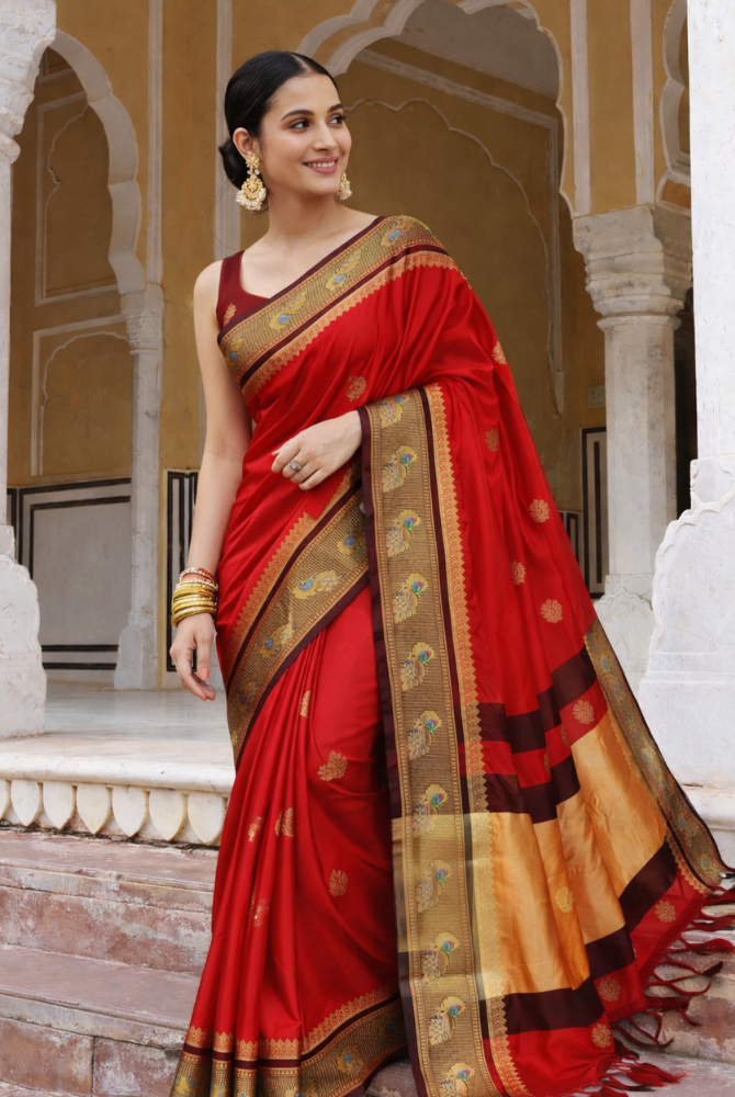 Royal Red & Black Cotton Silk Mayurika Peacock Saree