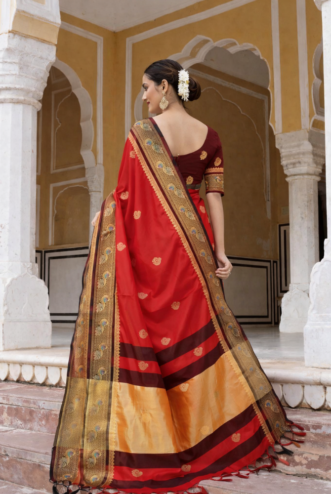 Royal Red & Black Cotton Silk Mayurika Peacock Saree
