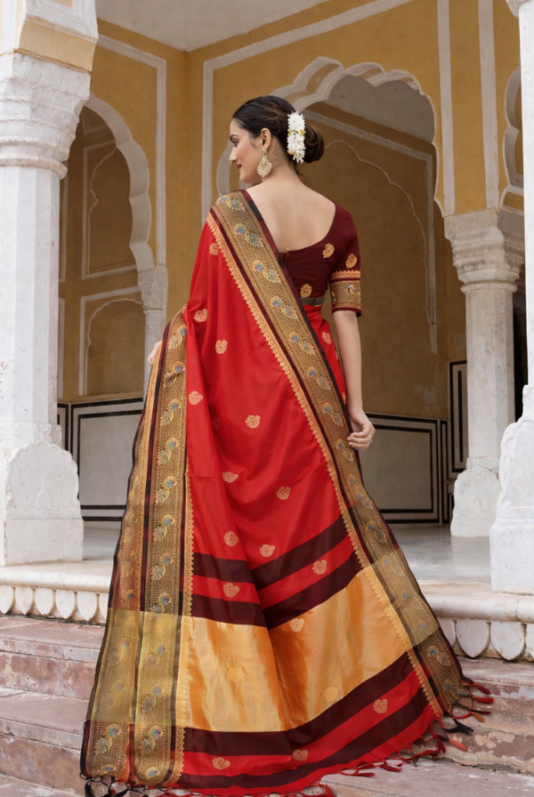 Royal Red & Black Cotton Silk Mayurika Peacock Saree
