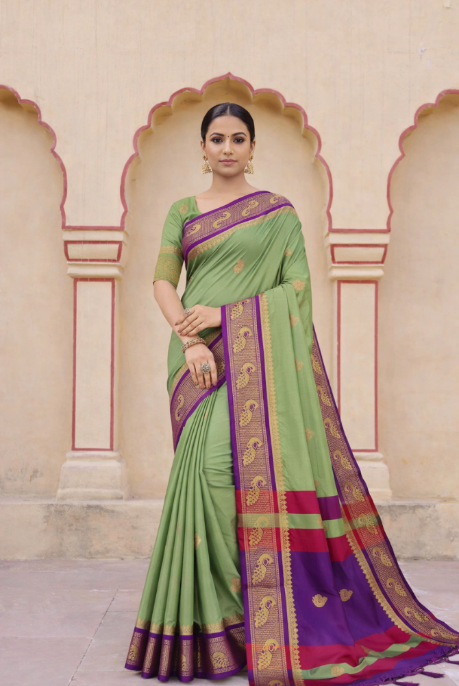 Elegant Sage Green & Purple Cotton Silk Mayurika Peacock Saree
