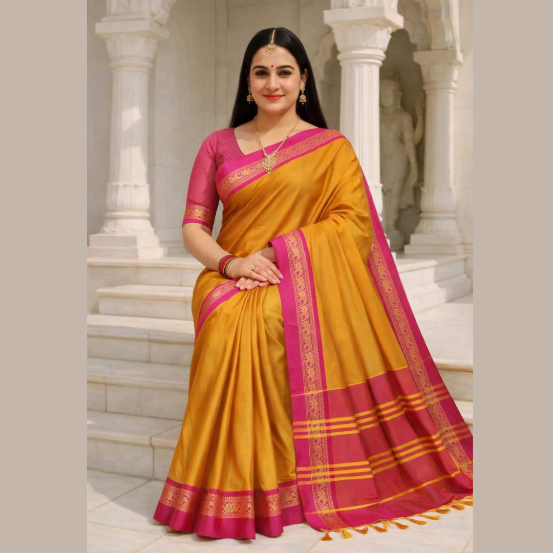 Devika - Mango Yellow & Pink Royal Elephant Saree