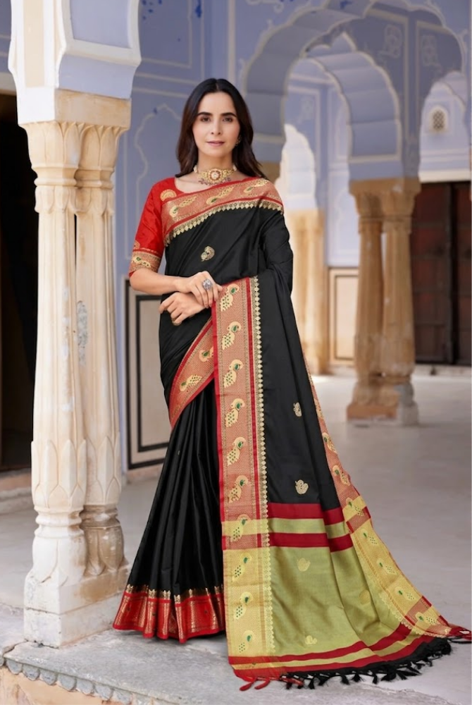 Royal Black & Classic Red Paithani Cotton Silk Mayurika Peacock Saree