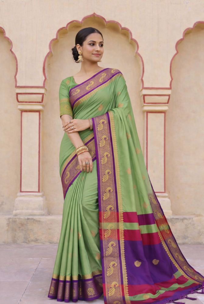 Elegant Sage Green & Purple Cotton Silk Mayurika Peacock Saree