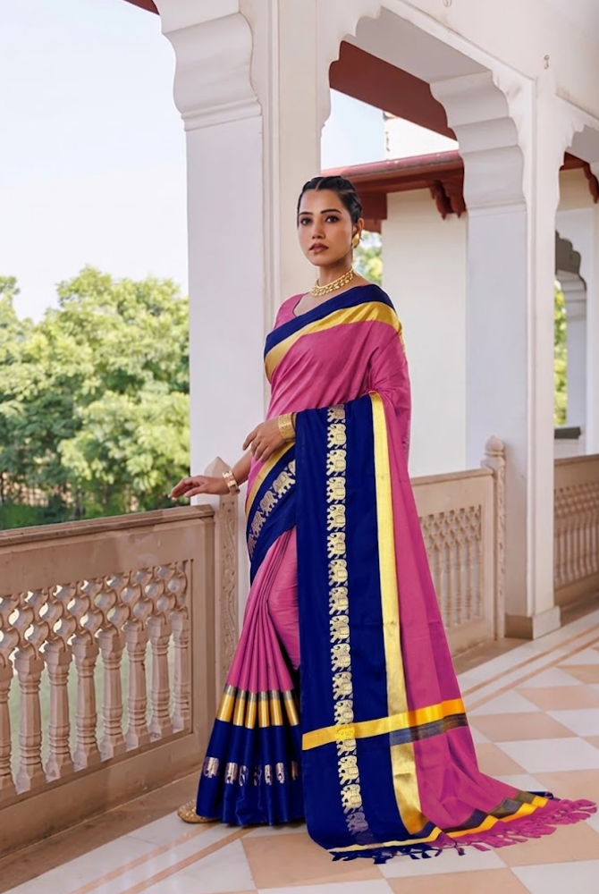 Baby Pink & Royal Blue Cotton Silk Savanna Elephant Saree
