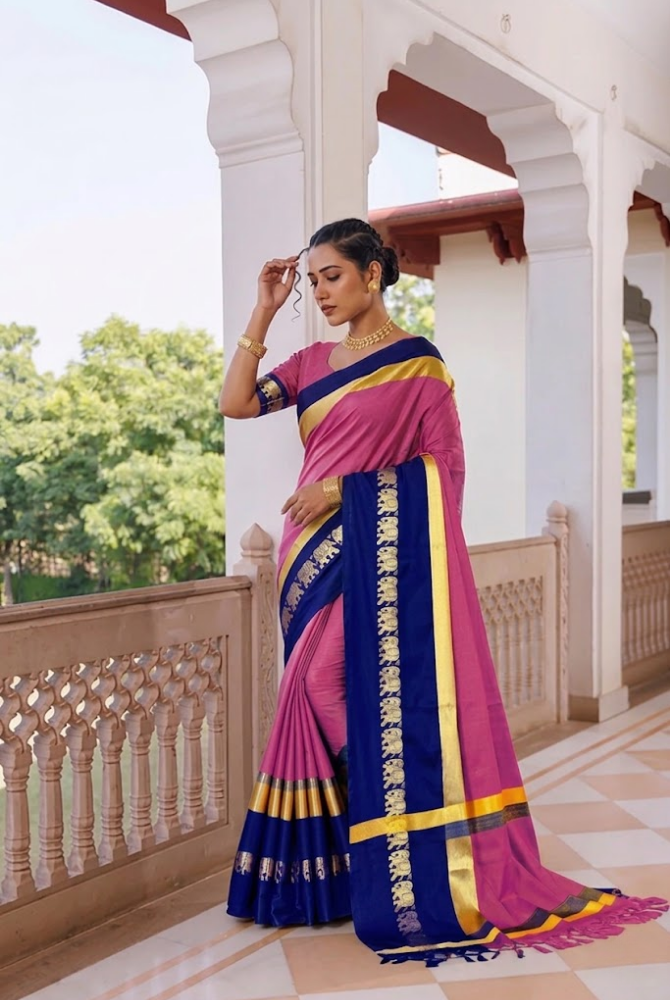 Baby Pink & Royal Blue Cotton Silk Savanna Elephant Saree