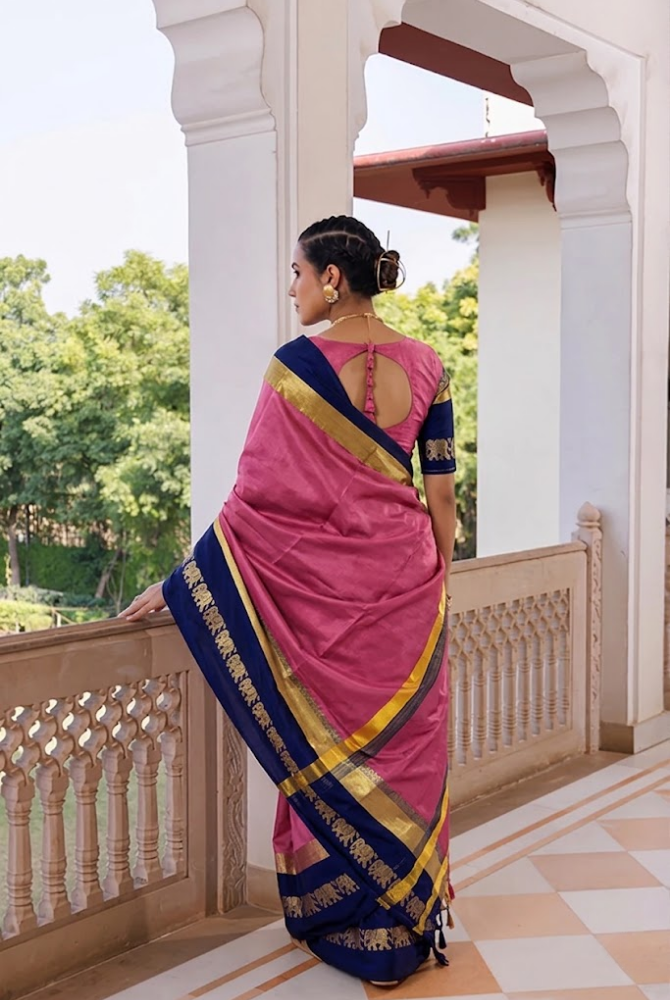 Baby Pink & Royal Blue Cotton Silk Savanna Elephant Saree