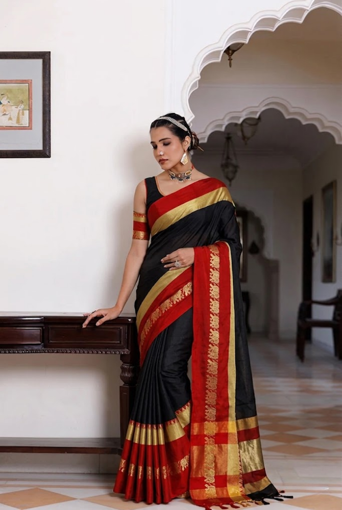 Elegant Black & Red Cotton Silk Saree – Savanna Elephant Collection