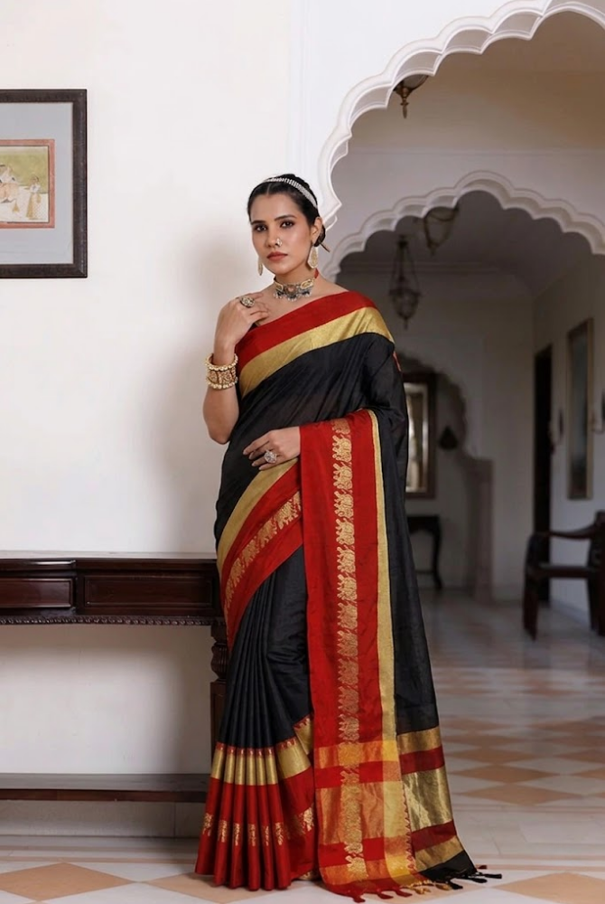 Elegant Black & Red Cotton Silk Saree – Savanna Elephant Collection