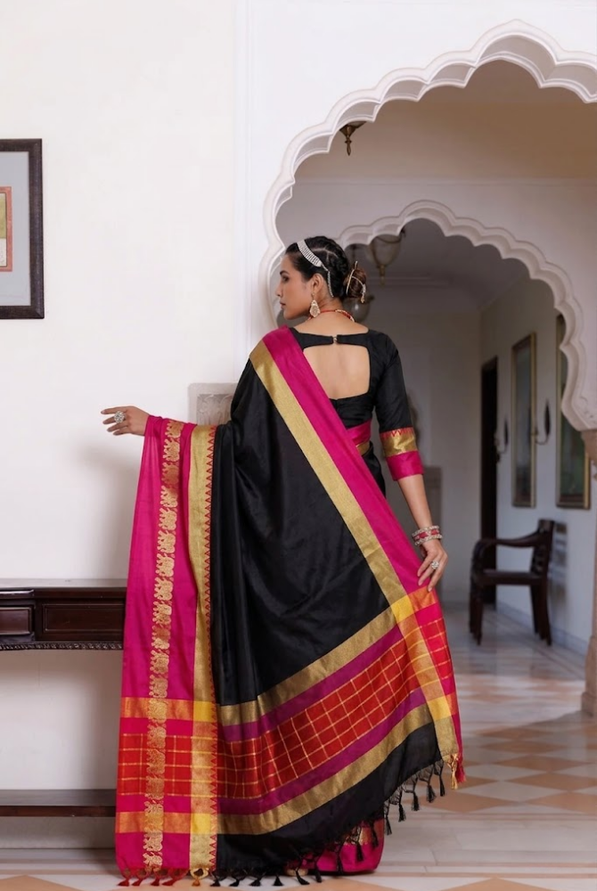 Elegant Black & Red Cotton Silk Saree – Savanna Elephant Collection