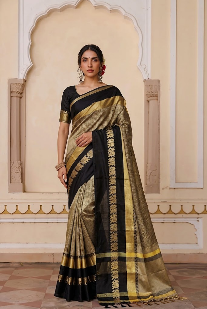 Chiku & Black Cotton Silk Savanna Elephant Saree