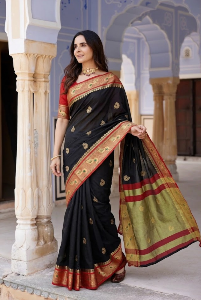 Royal Black & Classic Red Paithani Cotton Silk Mayurika Peacock Saree