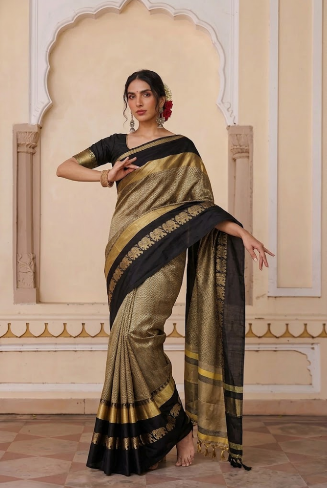 Chiku & Black Cotton Silk Savanna Elephant Saree