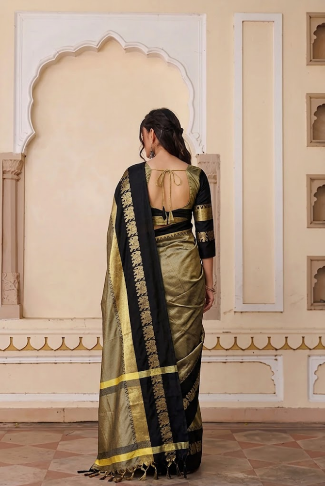 Chiku & Black Cotton Silk Savanna Elephant Saree