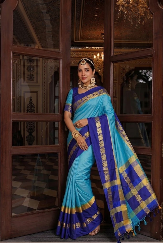 Aqua Blue & Royal Blue Cotton Silk Savanna Elephant Saree