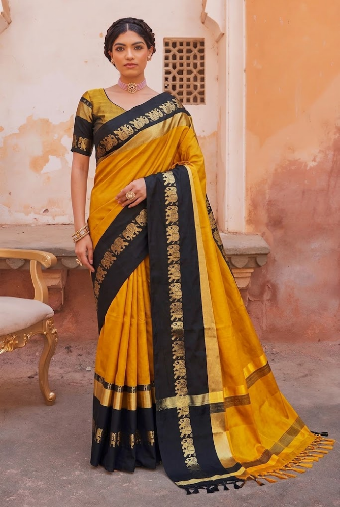 Golden Mustard & Black Cotton Silk Savanna Elephant Saree