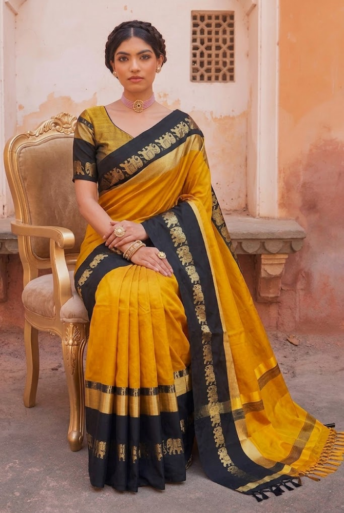 Golden Mustard & Black Cotton Silk Savanna Elephant Saree